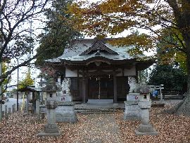桑山神社：参道石畳みから見た拝殿と石造狛犬と石燈篭