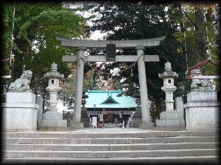 下羽黒神社：境内の石段から見上げた石鳥居と石燈篭と石造狛犬