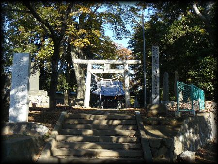 吉沼八幡神社：境内の石段から見た石鳥居と石造社号標