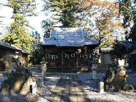 吉沼八幡神社：参道石畳から見た拝殿と石造狛犬と石燈篭