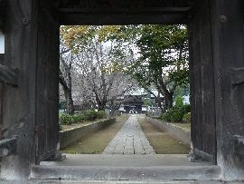 弘経寺総門から見た境内奥へと続く参道の石畳み
